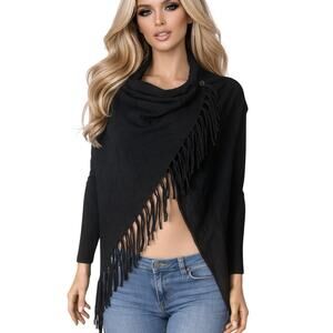 Elan Black Fringe Wrap Shawl Cardigan Sweater XS